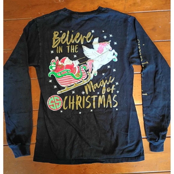 Simply Southern Christmas Santa Unicorn Believe Magic Long Sleeve Top - Picture 1 of 3